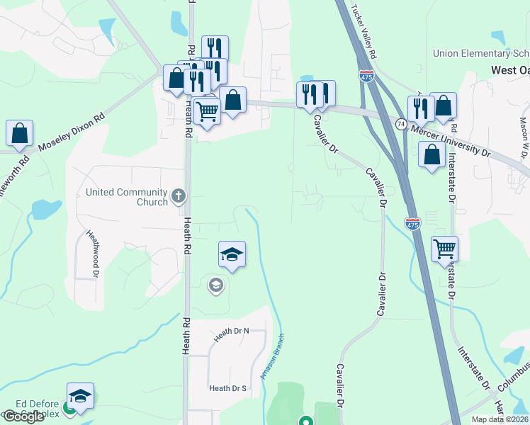 map of restaurants, bars, coffee shops, grocery stores, and more near 473 Simsbury Ridge in Macon