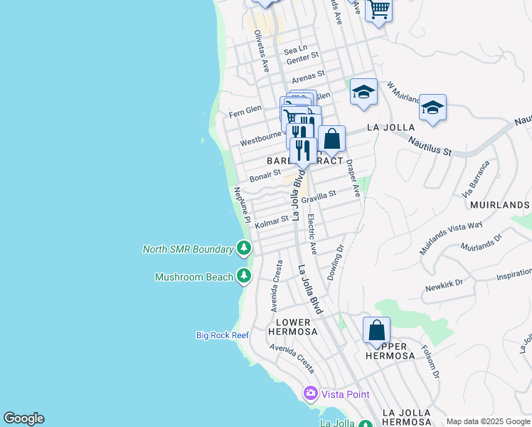 map of restaurants, bars, coffee shops, grocery stores, and more near 257 Playa Del Sur Street in San Diego