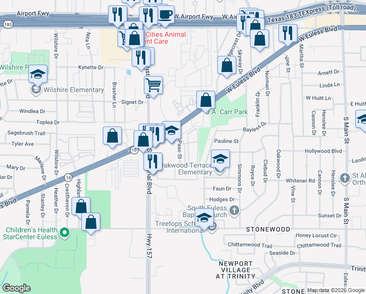 map of restaurants, bars, coffee shops, grocery stores, and more near 605 Del Paso Street in Euless