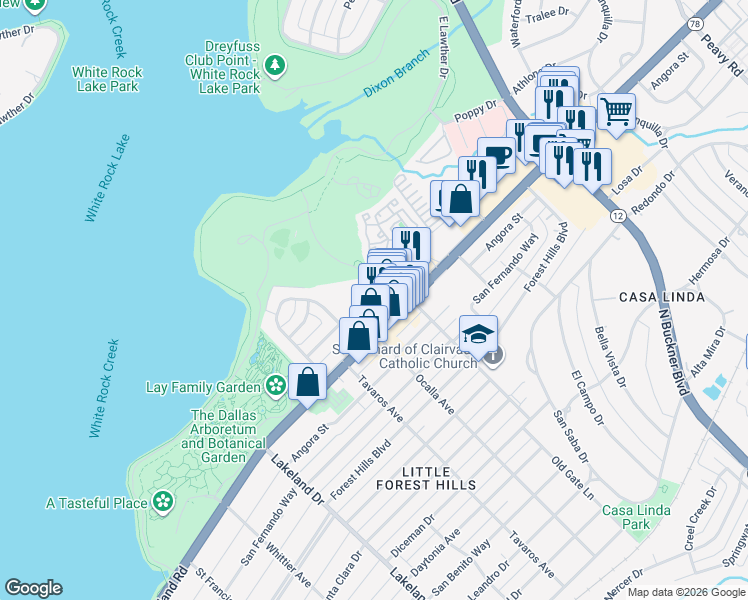 map of restaurants, bars, coffee shops, grocery stores, and more near 9060 Corsair Place in Dallas