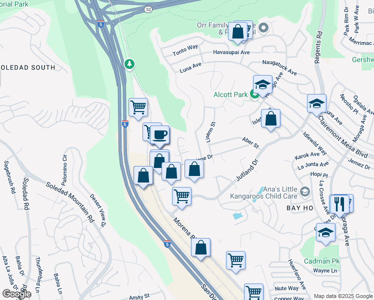 map of restaurants, bars, coffee shops, grocery stores, and more near 2746 Ariane Drive in San Diego
