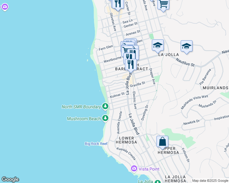map of restaurants, bars, coffee shops, grocery stores, and more near 253 Gravilla Street in San Diego