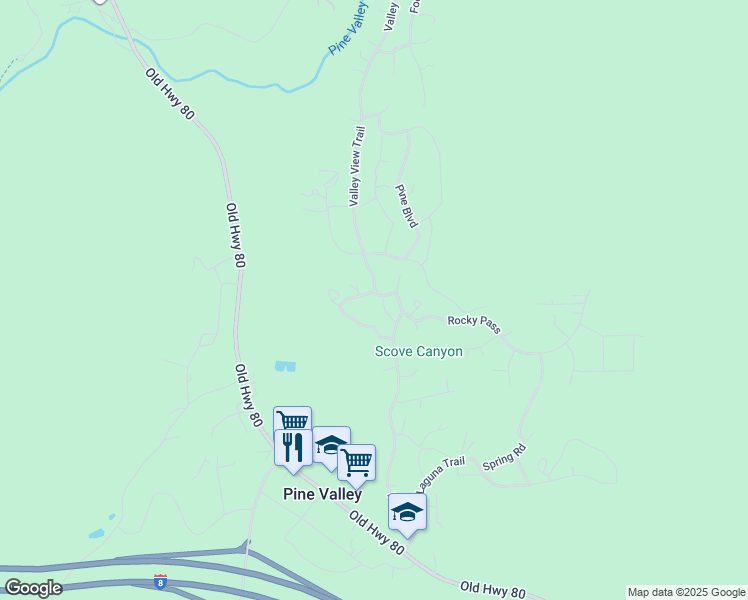 map of restaurants, bars, coffee shops, grocery stores, and more near 7892 Valley View Trail in Pine Valley