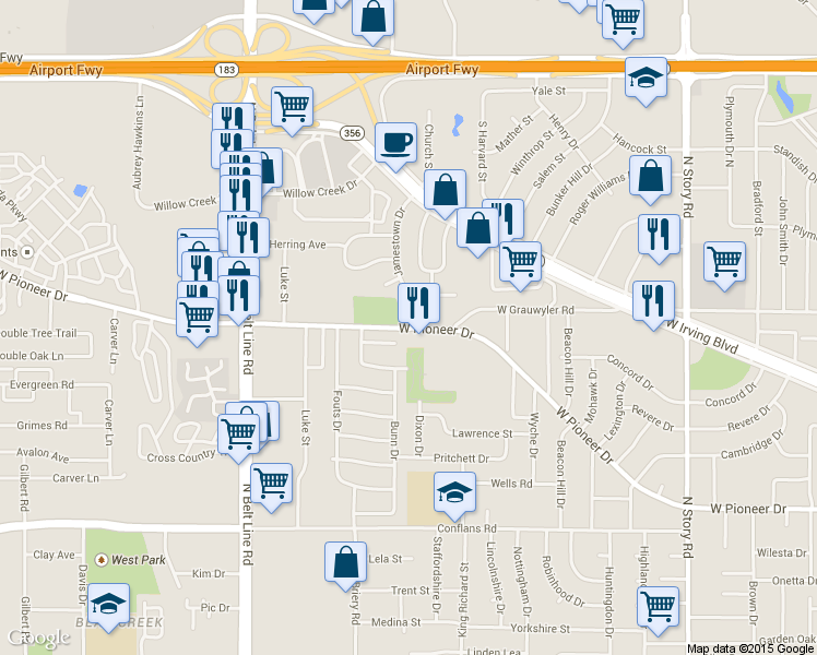 map of restaurants, bars, coffee shops, grocery stores, and more near 3009 West Pioneer Drive in Irving