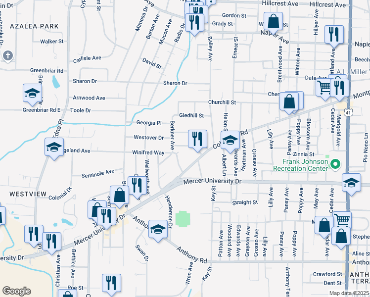 map of restaurants, bars, coffee shops, grocery stores, and more near 1454 Berkner Avenue in Macon