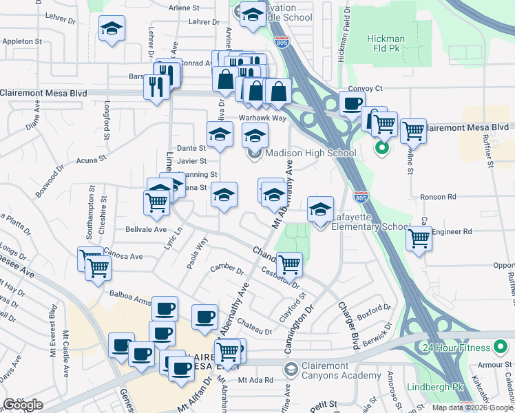 map of restaurants, bars, coffee shops, grocery stores, and more near 5606 Printwood Way in San Diego