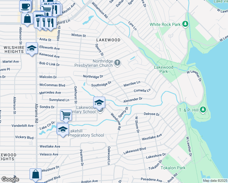 map of restaurants, bars, coffee shops, grocery stores, and more near 6837 Merrilee Lane in Dallas