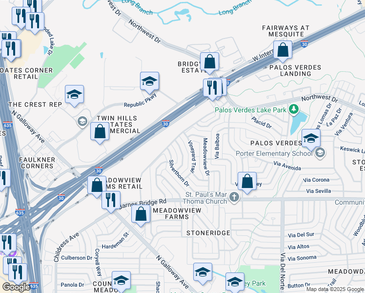 map of restaurants, bars, coffee shops, grocery stores, and more near 4712 Knollview Lane in Mesquite