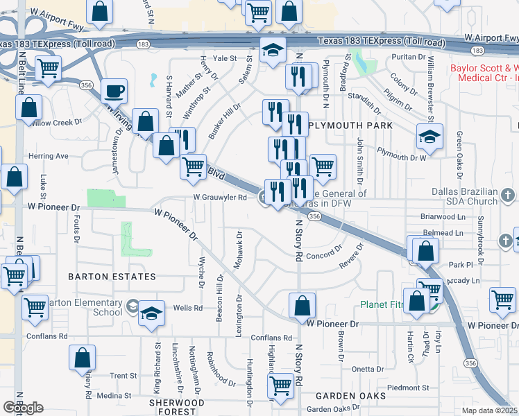 map of restaurants, bars, coffee shops, grocery stores, and more near 2401-2807 W Grauwyler Rd in Irving