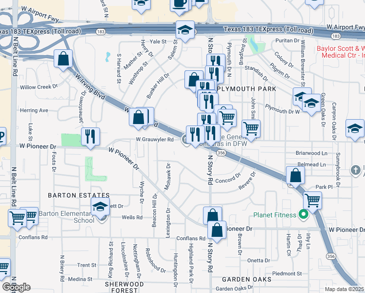 map of restaurants, bars, coffee shops, grocery stores, and more near 2401-2807 W Grauwyler Rd in Irving