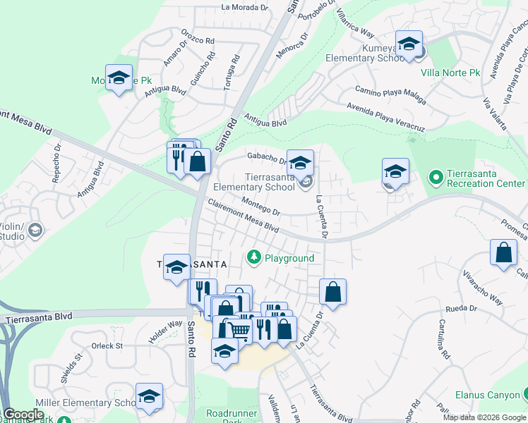 map of restaurants, bars, coffee shops, grocery stores, and more near 5423 Por Techo Court in San Diego