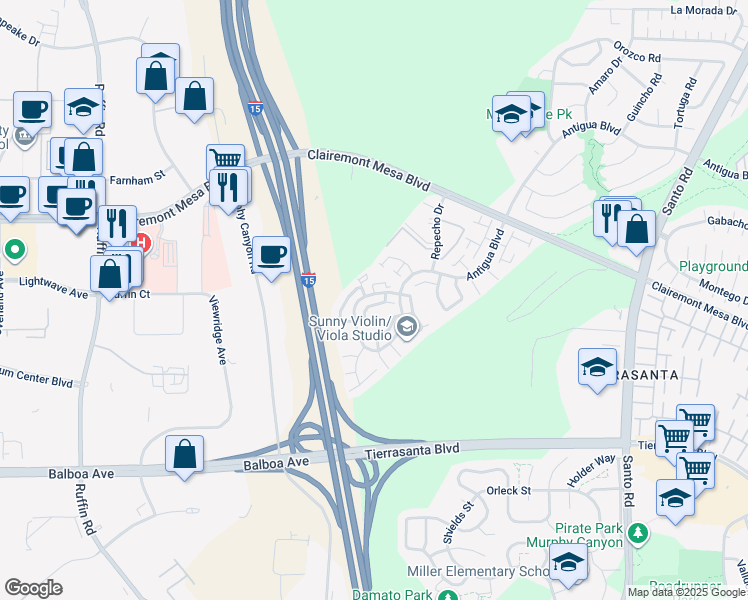 map of restaurants, bars, coffee shops, grocery stores, and more near 5370 Caminito Velasquez in San Diego