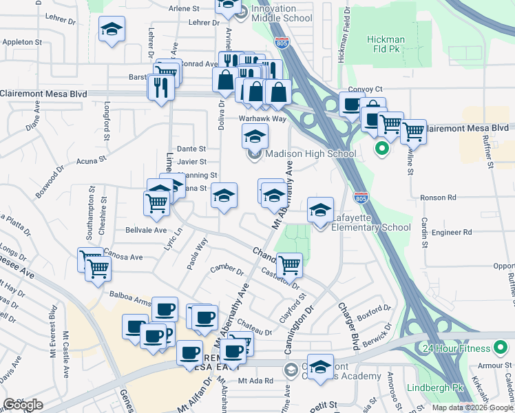 map of restaurants, bars, coffee shops, grocery stores, and more near 5606 Printwood Way in San Diego