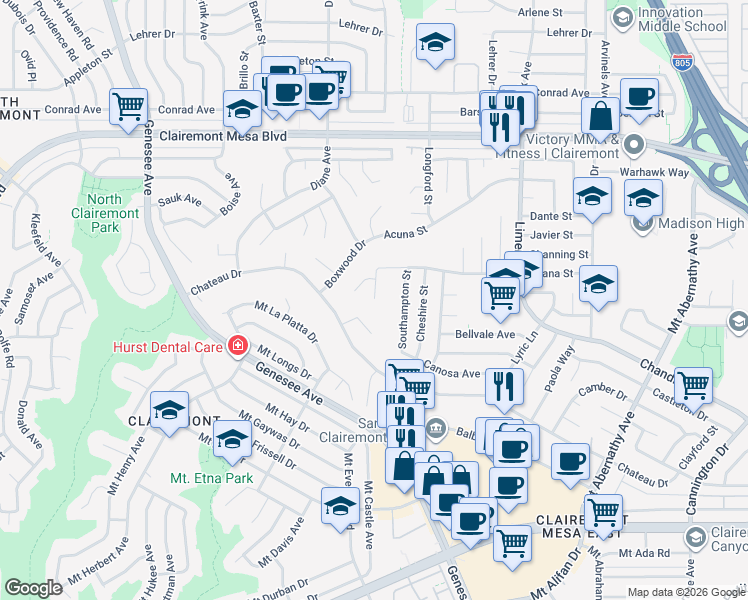 map of restaurants, bars, coffee shops, grocery stores, and more near 4651 Almayo Avenue in San Diego