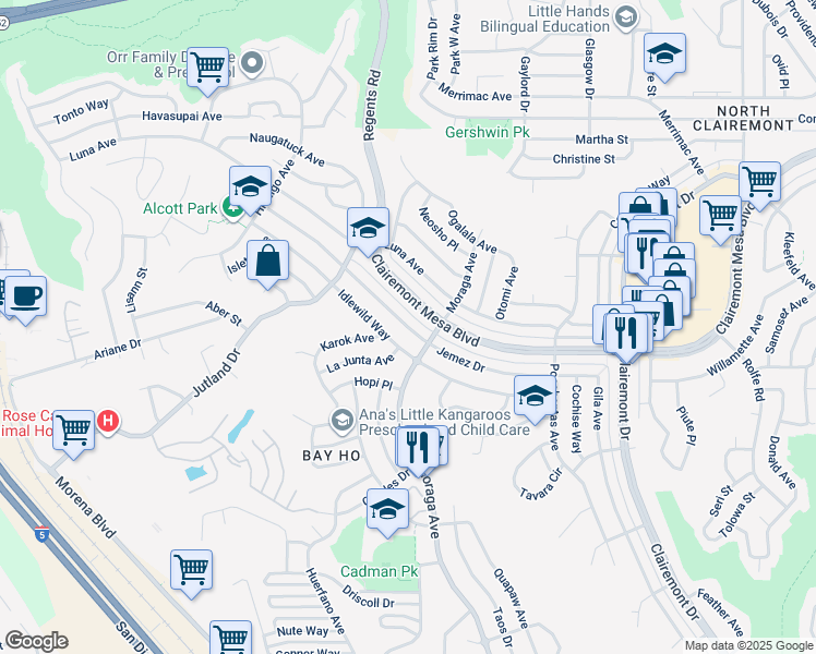 map of restaurants, bars, coffee shops, grocery stores, and more near 3329 Clairemont Mesa Boulevard in San Diego