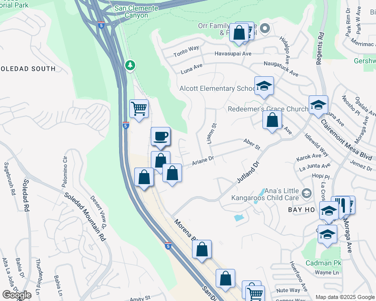 map of restaurants, bars, coffee shops, grocery stores, and more near 2710 Ariane Drive in San Diego