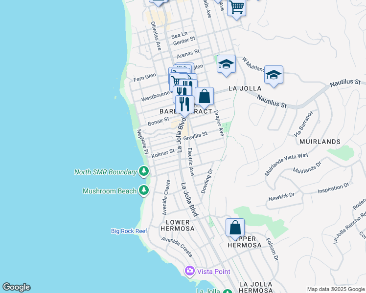 map of restaurants, bars, coffee shops, grocery stores, and more near 463-65 Gravilla Place in San Diego