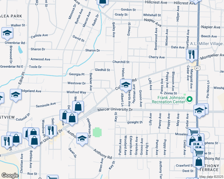 map of restaurants, bars, coffee shops, grocery stores, and more near 1487 Bailey Avenue in Macon