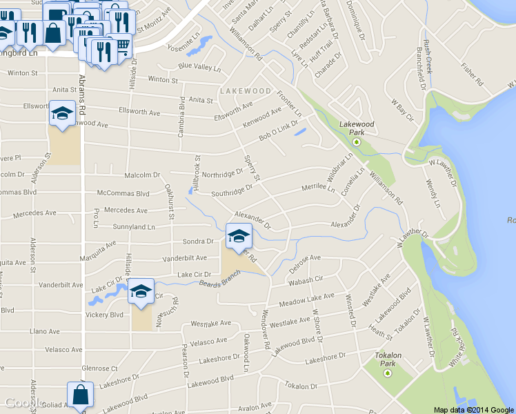 map of restaurants, bars, coffee shops, grocery stores, and more near 6837 Merrilee Lane in Dallas