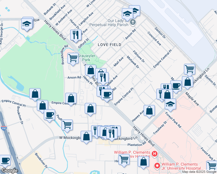 map of restaurants, bars, coffee shops, grocery stores, and more near 2142 Lovedale Avenue in Dallas