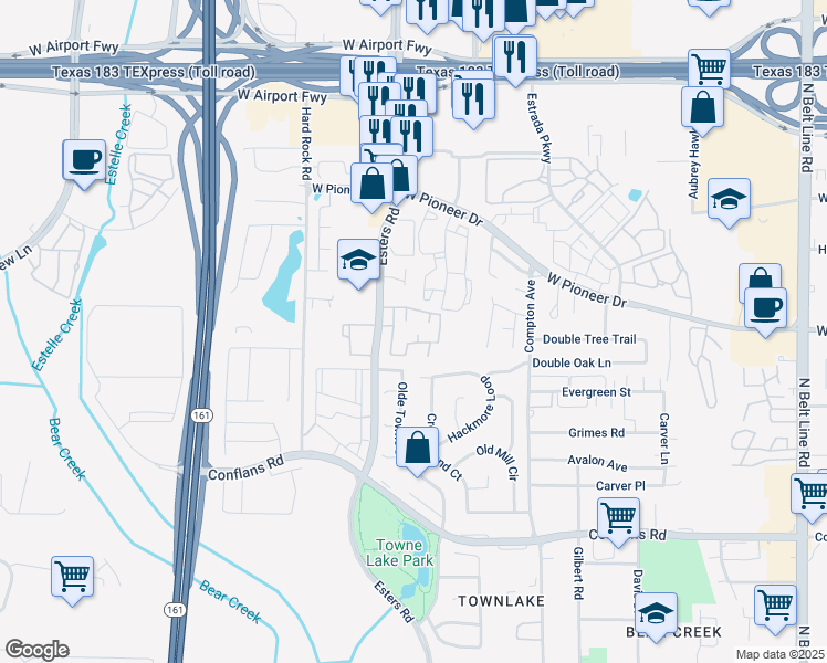 map of restaurants, bars, coffee shops, grocery stores, and more near 1442 Esters Road in Irving