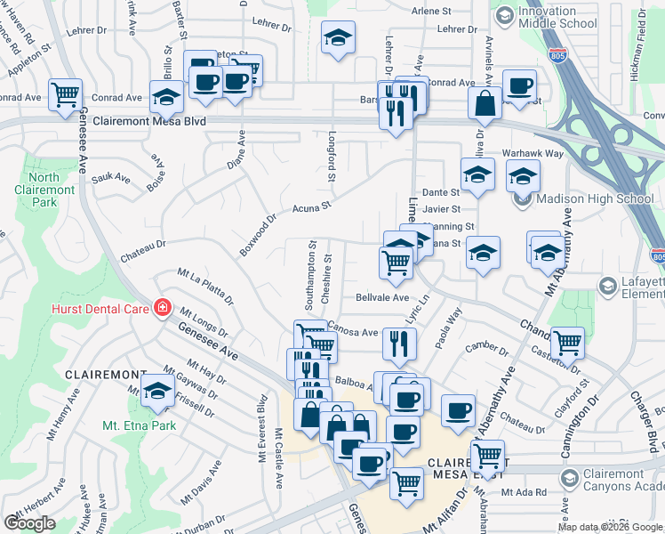 map of restaurants, bars, coffee shops, grocery stores, and more near 4635 Cheshire Street in San Diego