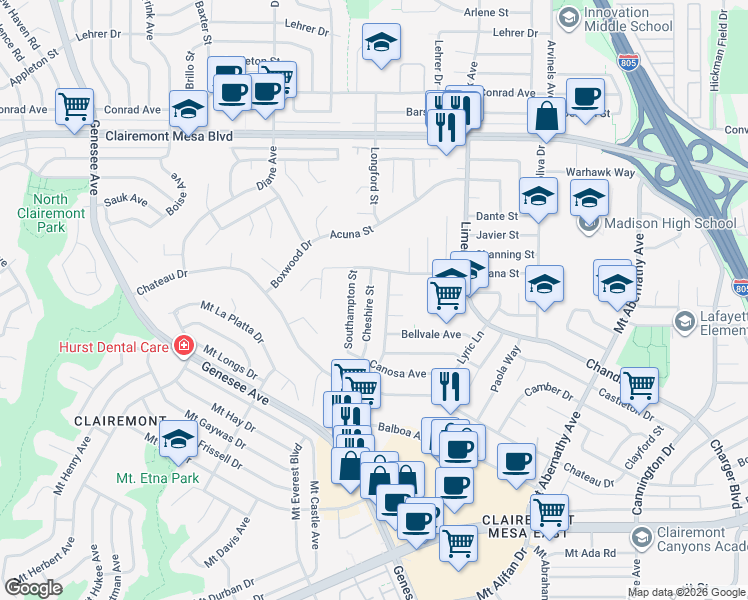 map of restaurants, bars, coffee shops, grocery stores, and more near 4635 Cheshire Street in San Diego