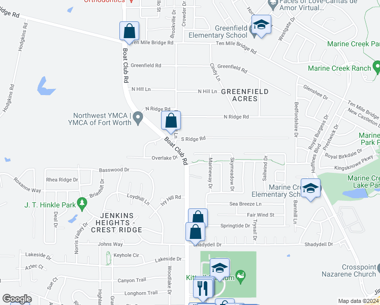 map of restaurants, bars, coffee shops, grocery stores, and more near 6036 Portridge Drive in Fort Worth