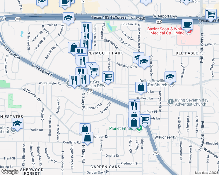 map of restaurants, bars, coffee shops, grocery stores, and more near 1939 West Grauwyler Road in Irving