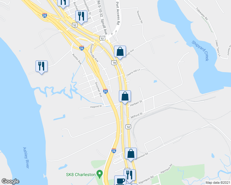 map of restaurants, bars, coffee shops, grocery stores, and more near 1834 Summerville Avenue in Charleston