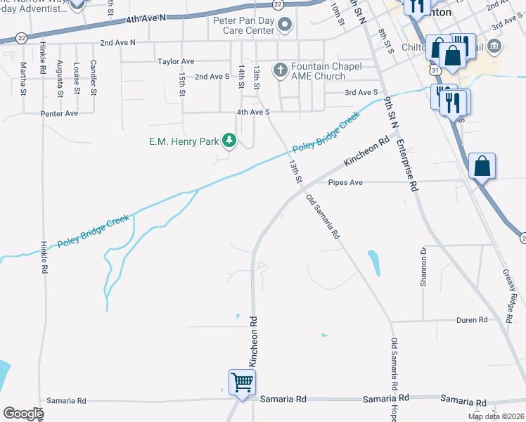map of restaurants, bars, coffee shops, grocery stores, and more near 1350 Kincheon Road in Clanton