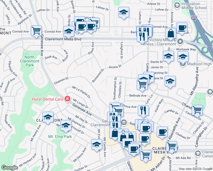 map of restaurants, bars, coffee shops, grocery stores, and more near 4651 Almayo Avenue in San Diego