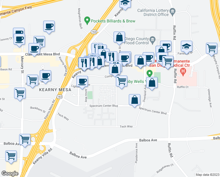 map of restaurants, bars, coffee shops, grocery stores, and more near 5097 Promenade North Place in San Diego