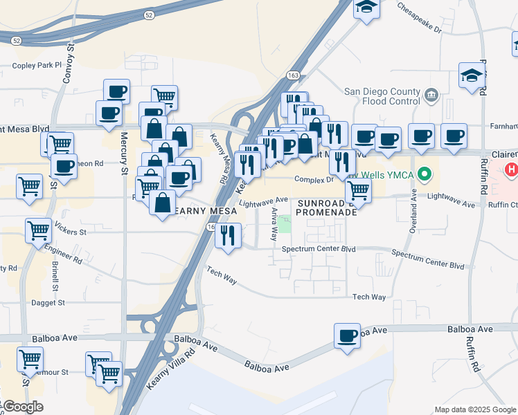 map of restaurants, bars, coffee shops, grocery stores, and more near 5225 Kearny Villa Road in San Diego