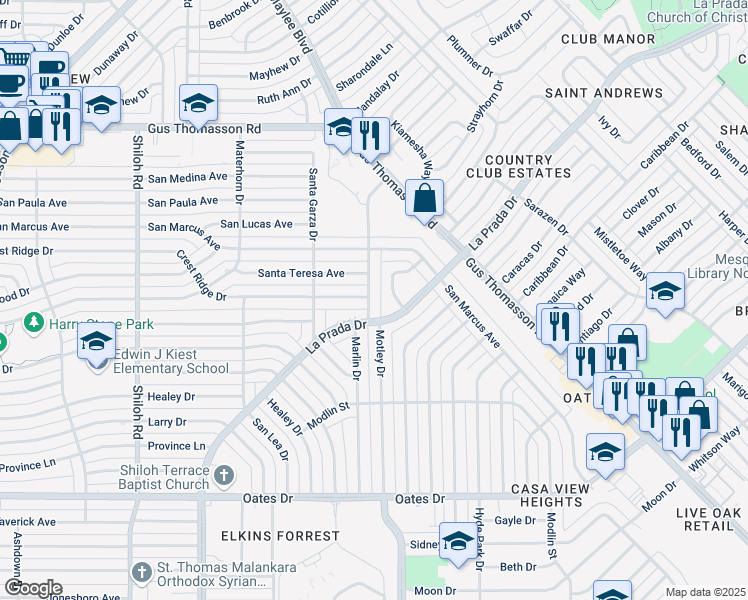 map of restaurants, bars, coffee shops, grocery stores, and more near 4612 Motley Drive in Mesquite