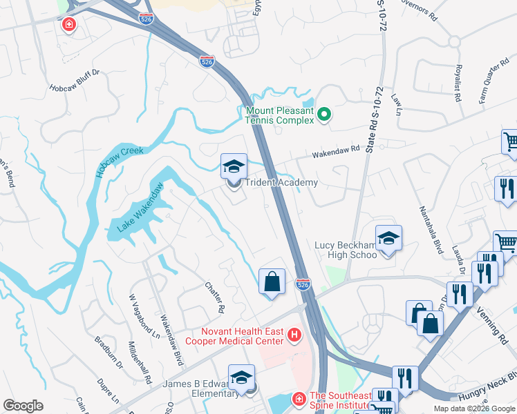 map of restaurants, bars, coffee shops, grocery stores, and more near 1275 Chatfield Street in Mount Pleasant