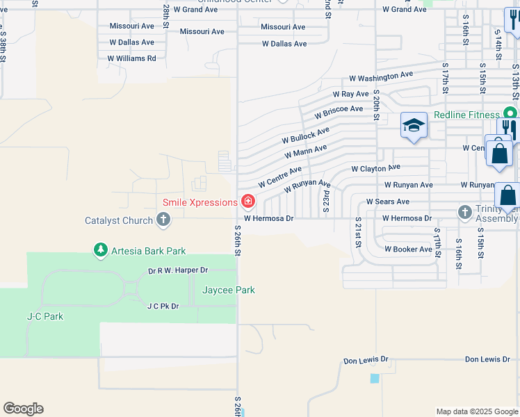map of restaurants, bars, coffee shops, grocery stores, and more near 1406 West Runyan Avenue in Artesia