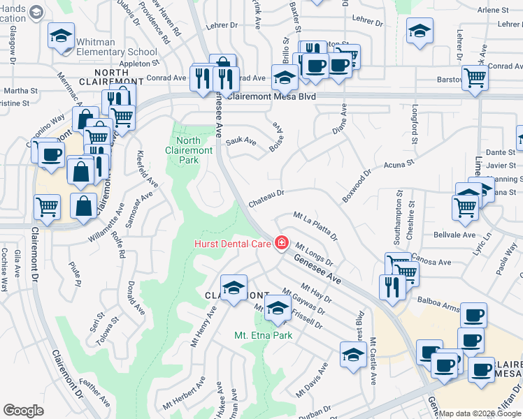 map of restaurants, bars, coffee shops, grocery stores, and more near 4535 Chateau Drive in San Diego
