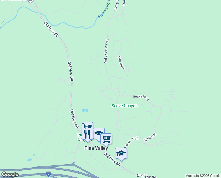 map of restaurants, bars, coffee shops, grocery stores, and more near 7892 Valley View Trail in Pine Valley