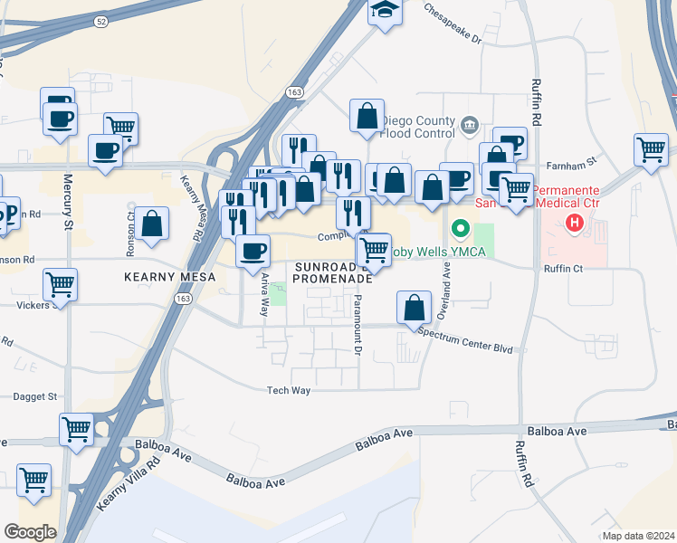 map of restaurants, bars, coffee shops, grocery stores, and more near 5097 Promenade North Place in San Diego