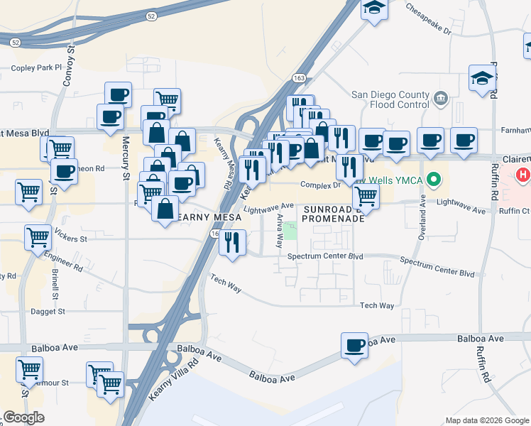 map of restaurants, bars, coffee shops, grocery stores, and more near 5225 Kearny Villa Road in San Diego