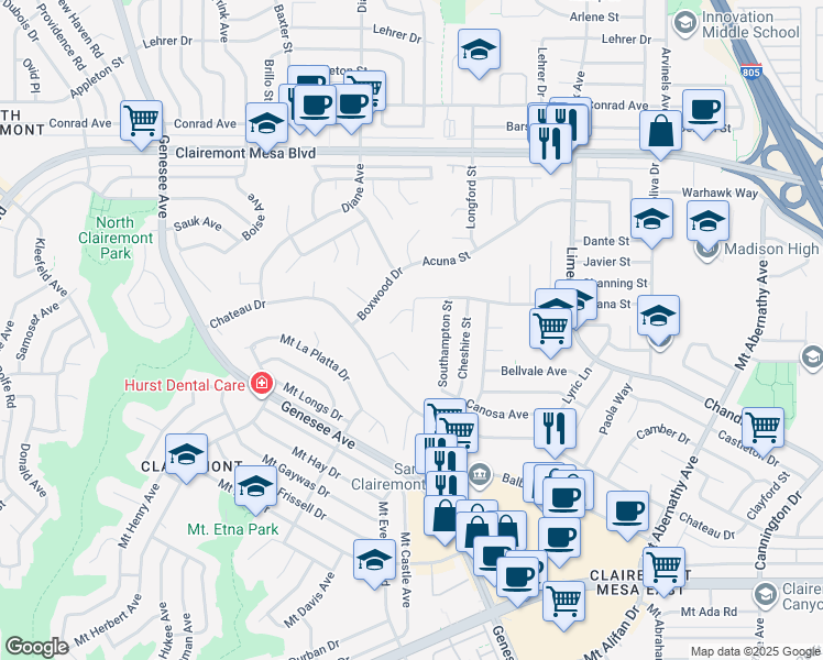 map of restaurants, bars, coffee shops, grocery stores, and more near 4651 Almayo Avenue in San Diego