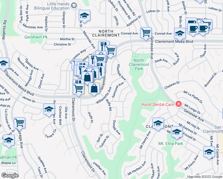 map of restaurants, bars, coffee shops, grocery stores, and more near 4168 Willamette Avenue in San Diego
