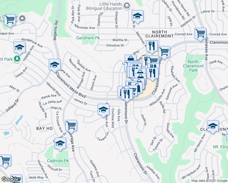 map of restaurants, bars, coffee shops, grocery stores, and more near 3581 Moccasin Avenue in San Diego