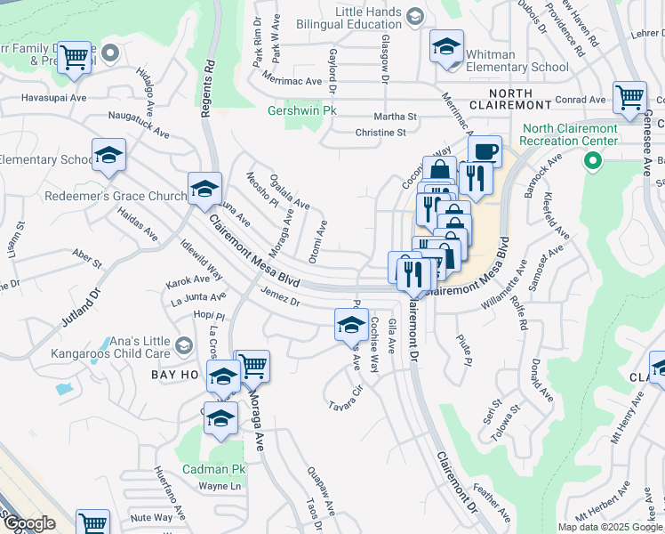 map of restaurants, bars, coffee shops, grocery stores, and more near 3521 Moccasin Avenue in San Diego