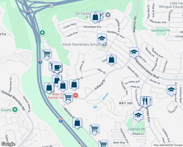 map of restaurants, bars, coffee shops, grocery stores, and more near 2941 Aber Street in San Diego