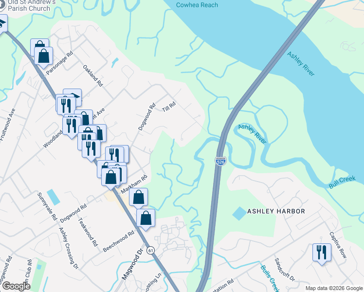 map of restaurants, bars, coffee shops, grocery stores, and more near 1643 Bull Creek Lane in Charleston