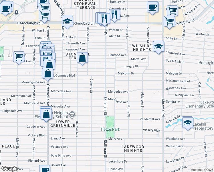 map of restaurants, bars, coffee shops, grocery stores, and more near 6037 Morningside Avenue in Dallas