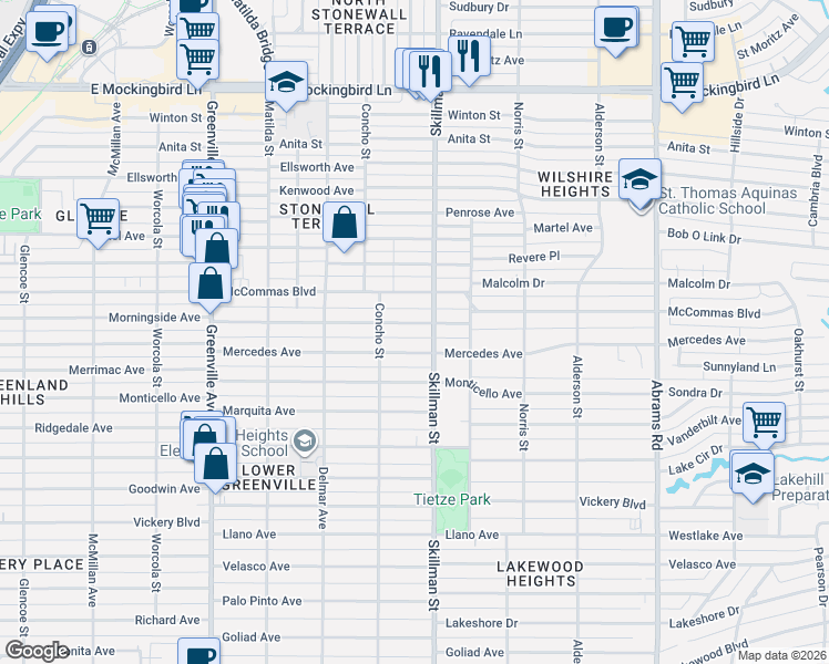 map of restaurants, bars, coffee shops, grocery stores, and more near 6037 Morningside Avenue in Dallas
