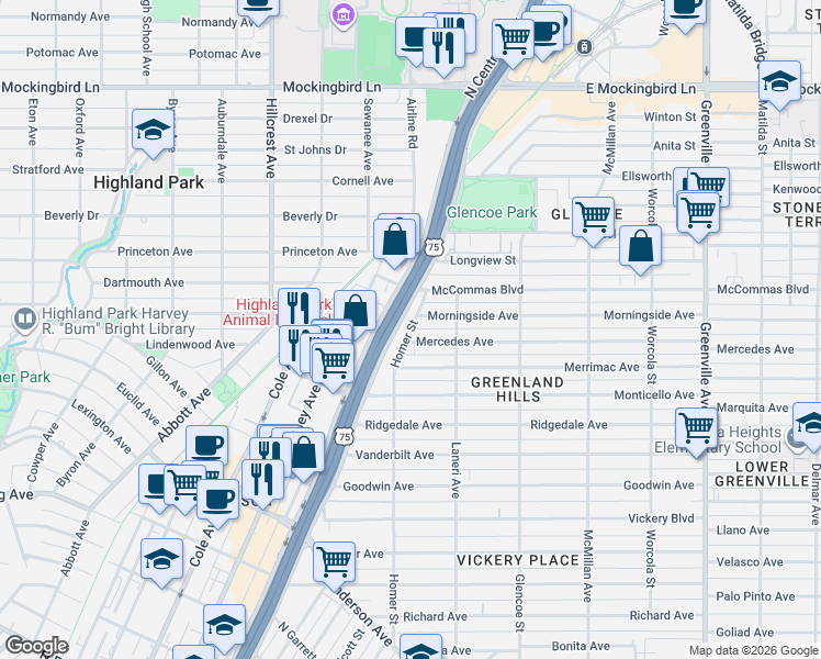 map of restaurants, bars, coffee shops, grocery stores, and more near 3323 Homer Street in Dallas